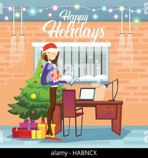 Woman Hold Present Box Messaging Online Cell Phone Merry Christmas And Happy New Year Stock Vector