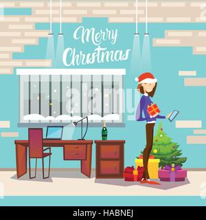 Woman Hold Present Box Messaging Online Cell Phone Merry Christmas And Happy New Year Stock Vector