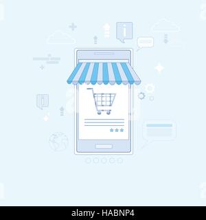 Cell Smart Phone Application Online Shopping Thin Line Stock Vector