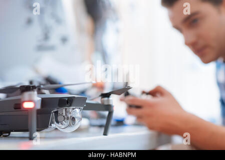 Close up of a blured man testing the drone. Stock Photo