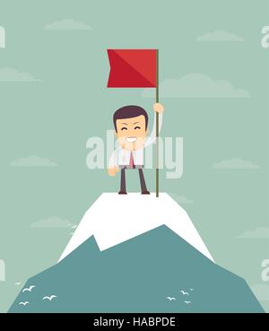 Businessman with flag on a Mountain peak. Stock Vector