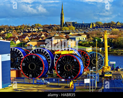 Wallsend Neptune Energy Park Shepherd Offshore giant wire reels Wallstream port security Stock Photo