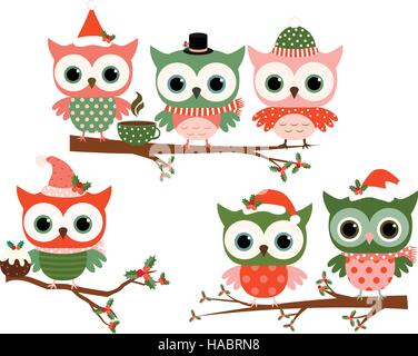 Cute Christmas owl characters on tree branches in green and red colors for greeting cards and holiday designs Stock Vector