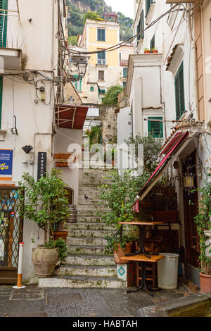 old and steep stairs leading up to homes in Amalfi town,Italy. Stock Photo