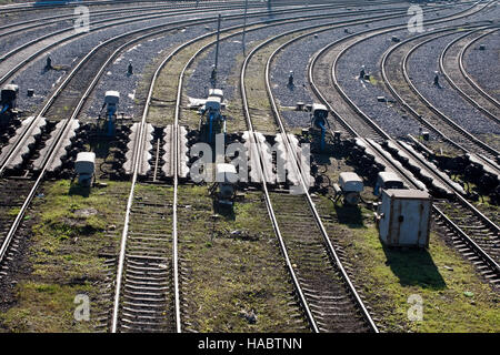 railway tracks and rails of big marshalling yard top perspective view Stock Photo