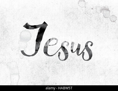 The word 'Jesus' concept and theme painted in watercolor ink on a white paper. Stock Photo