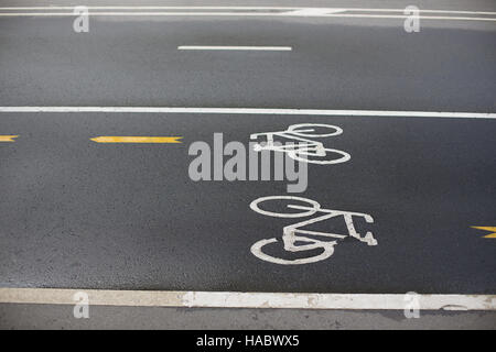 Sign of bicycle lane on wet asphalt Stock Photo