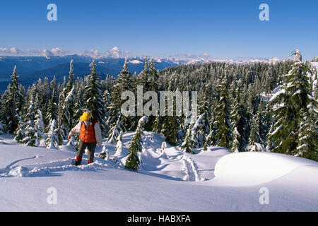 Cypress Provincial Park, West Vancouver, BC, British Columbia, Canada - Hiker hiking in Snow on Black Mountain, Winter Stock Photo