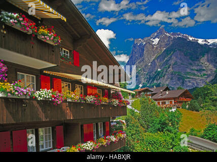 Wetterhorn and Chalet at Grindelwald, Bernese Oberland, Switzerland Stock Photo