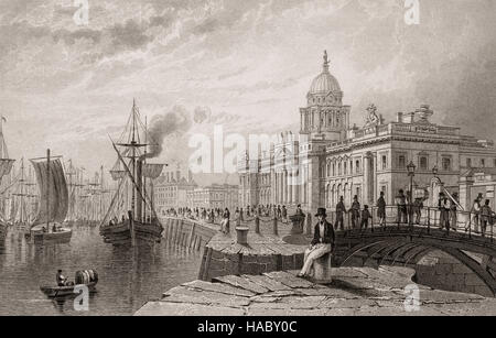 19th Century view of the Custom House designed by James Gandon, situated on the side of the River Liffey, Custom House Quay, Dublin City, Ireland Stock Photo