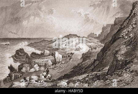 19th Century view of the Giant's Causeway, renowned for its polygonal columns of layered basalt and now a  UNESCO World Heritage Site, County Antrim. Northern Ireland Stock Photo