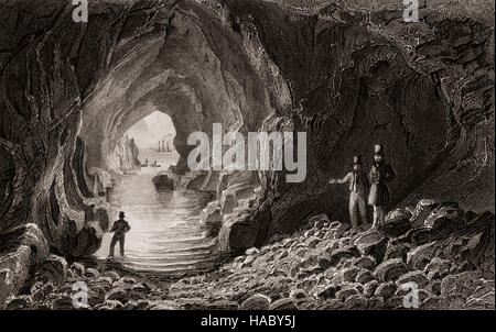 19th Century view of Dunkerry Cave at the Giant's Causeway, renowned for its polygonal columns of layered basalt, County Antrim. Northern Ireland Stock Photo