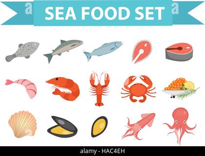Seafood icons set vector, flat style. Sea food collection isolated on white background. Fish products illustration, design element. Stock Vector
