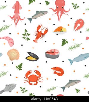Seafood seamless pattern. Fish food endless background, texture. Underwater, sea life backdrop. Vector illustration. Stock Vector