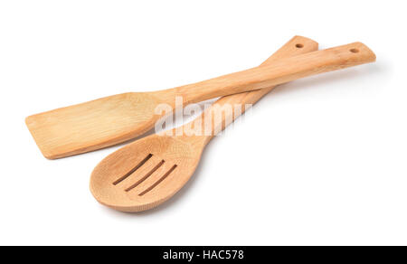 Wooden kitchen spoon and spatula isolated on white Stock Photo