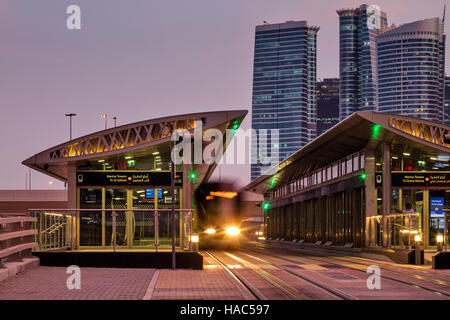 The Dubai Tram is a tramway located in Al Sufouh, Dubai, UAE. It is a primary rail link between Dubai Metro and Dubai Marina Stock Photo