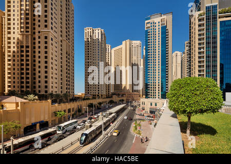 The Dubai Tram is a tramway located in Al Sufouh, Dubai, UAE. It is a primary rail link between Dubai Metro and Dubai Marina Stock Photo