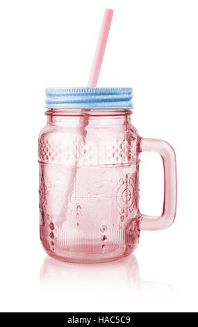 Vintage pink mason jar mug with lid and straw isolated on white Stock Photo