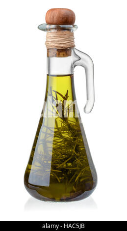 Bottle of olive oil with rosemary isolated on white Stock Photo