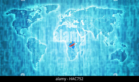 democratic republic of congo flag on blue digital world map with actual national borders Stock Photo