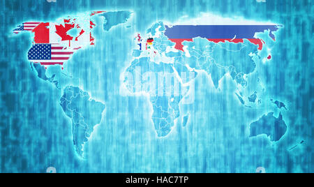 group of eight countries flags on blue digital world map with actual national borders Stock Photo