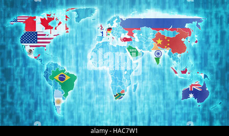 group of twenty country flags on blue digital world map with actual national borders Stock Photo