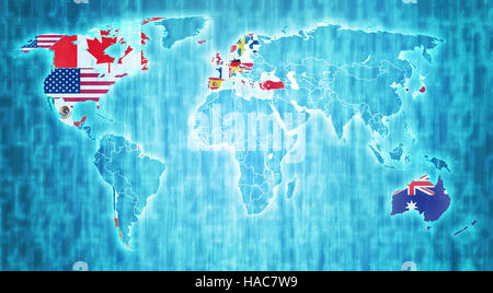 OECD flag on blue digital world map with actual national borders Stock Photo