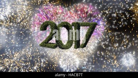 2017 made of green grass against composite image 3D of heart shaped fireworks Stock Photo