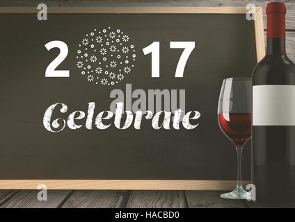 2017 celebrate written on blackboard with wine glass and bottle 3D Stock Photo