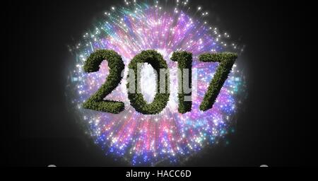 2017 made of green grass against composite image 3D of fireworks Stock Photo
