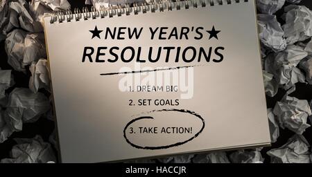 New year resolution goals against crumpled paper balls in background Stock Photo