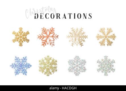Snowflakes decoration Christmas and New Year's symbols. Set 8 color colorful different snowflakes of handmade. Winter objects. Festive elements. Stock Vector