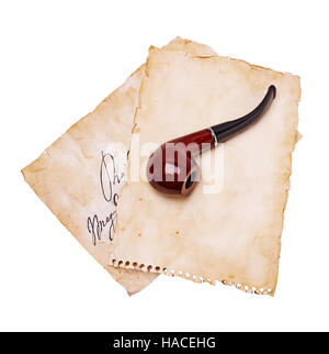 Old sheets of paper and smoking pipe isolated on white Stock Photo