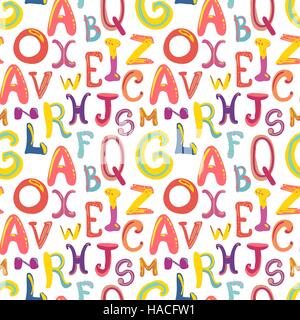 A lot of hand-drawn cute funky letters on white, seamless pattern Stock Vector