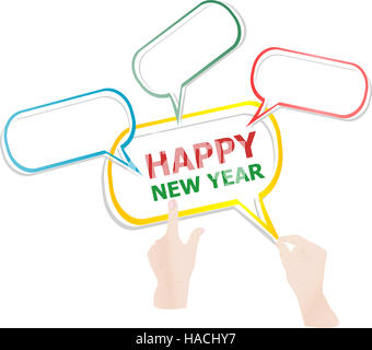 Hand drawn speech bubbles on Happy New Year background. Stock Photo