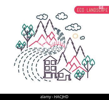 Thin line landscape flat eco design, rural background Stock Vector