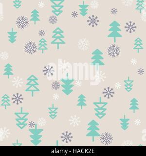 Seamless pattern flat christmas tree, snowflake background Stock Vector