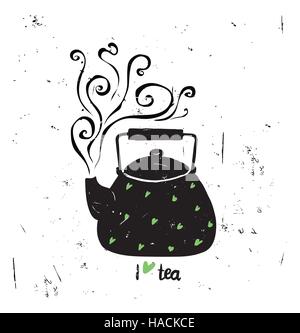 Vector illustration I love tea with lettering. Black  pot Stock Vector