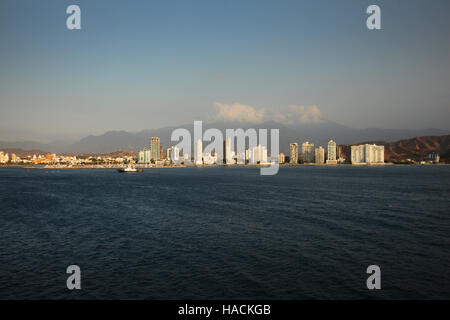 Caribbean coastline of Santa Marta, Colombia from the sea showing the skyline of the city. Stock Photo