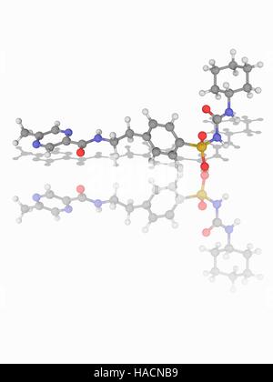 Glipizide. Molecular model of the anti-diabetic drug glipizide (C21.H27.N5.O4.S). This is a sulphonylurea drug that acts by increasing insulin release from the beta cells in the pancreas. Atoms are represented as spheres and are colour-coded: carbon (grey), hydrogen (white), nitrogen (blue), oxygen (red) and sulphur (yellow). Illustration. Stock Photo