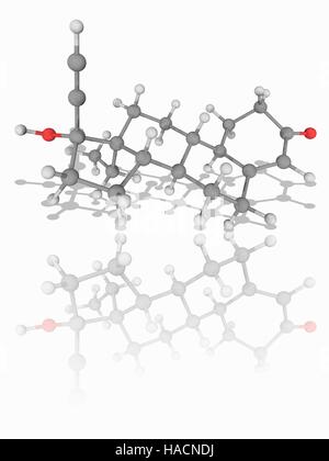 Levonorgestrel. Molecular model of the synthetic hormone levonorgestrel (C21.H28.O2). This second-generation synthetic progestin is used in hormonal contraceptives such as the 'morning after pill'. Atoms are represented as spheres and are colour-coded: carbon (grey), hydrogen (white) and oxygen (red). Illustration. Stock Photo