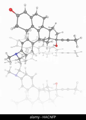 Mifepristone. Molecular model of the progesterone receptor antagonist drug mifepristone (C29.H35.N.O2), used to induce abortions and as an emergency contraceptive. Atoms are represented as spheres and are colour-coded: carbon (grey), hydrogen (white), nitrogen (blue) and oxygen (red). Illustration. Stock Photo