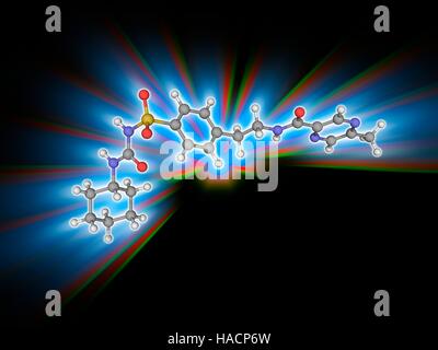 Glipizide. Molecular model of the anti-diabetic drug glipizide (C21.H27.N5.O4.S). This is a sulphonylurea drug that acts by increasing insulin release from the beta cells in the pancreas. Atoms are represented as spheres and are colour-coded: carbon (grey), hydrogen (white), nitrogen (blue), oxygen (red) and sulphur (yellow). Illustration. Stock Photo