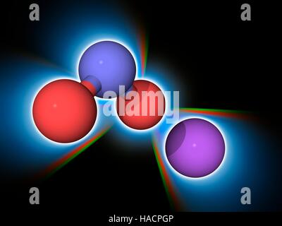 Sodium nitrite. Molecular model of the inorganic compound sodium nitrite (NaNO2). This chemical is used in the industrial production of organonitrogen compounds. Atoms are represented as spheres and are colour-coded: nitrogen (blue), oxygen (red) and sodium (violet). Illustration. Stock Photo