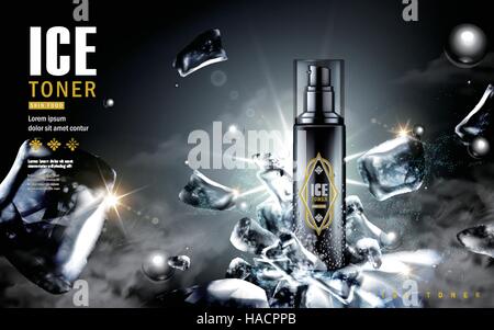 ice toner ad, contained in black spray bottle with ice cube elements, black background 3d illustration Stock Vector