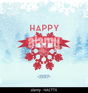 Christmas Background. Winter Day, Forest, Snow, Snowflakes, Ribbon And Wishes. Stock Vector
