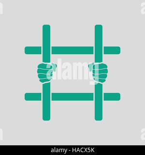 Hands holding prison bars icon. Gray background with green. Vector illustration. Stock Vector