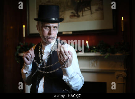 Actor Mark Shaer dressed as Jacob Marley rehearsing for a performance of Another Christmas Carol which is part of the Victorian Christmas celebrations at the Charles Dickens Museum in London. Stock Photo