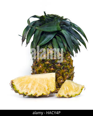 Fresh pineapple fruit (Also called as Ananas Comosus, Bromeliaceae pineapple, pine conifer, tupi nanas) isolated on white background Stock Photo