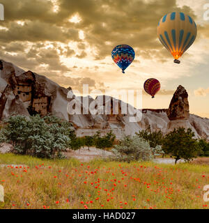 hot air balloon trip flying over Cappadocia Stock Photo